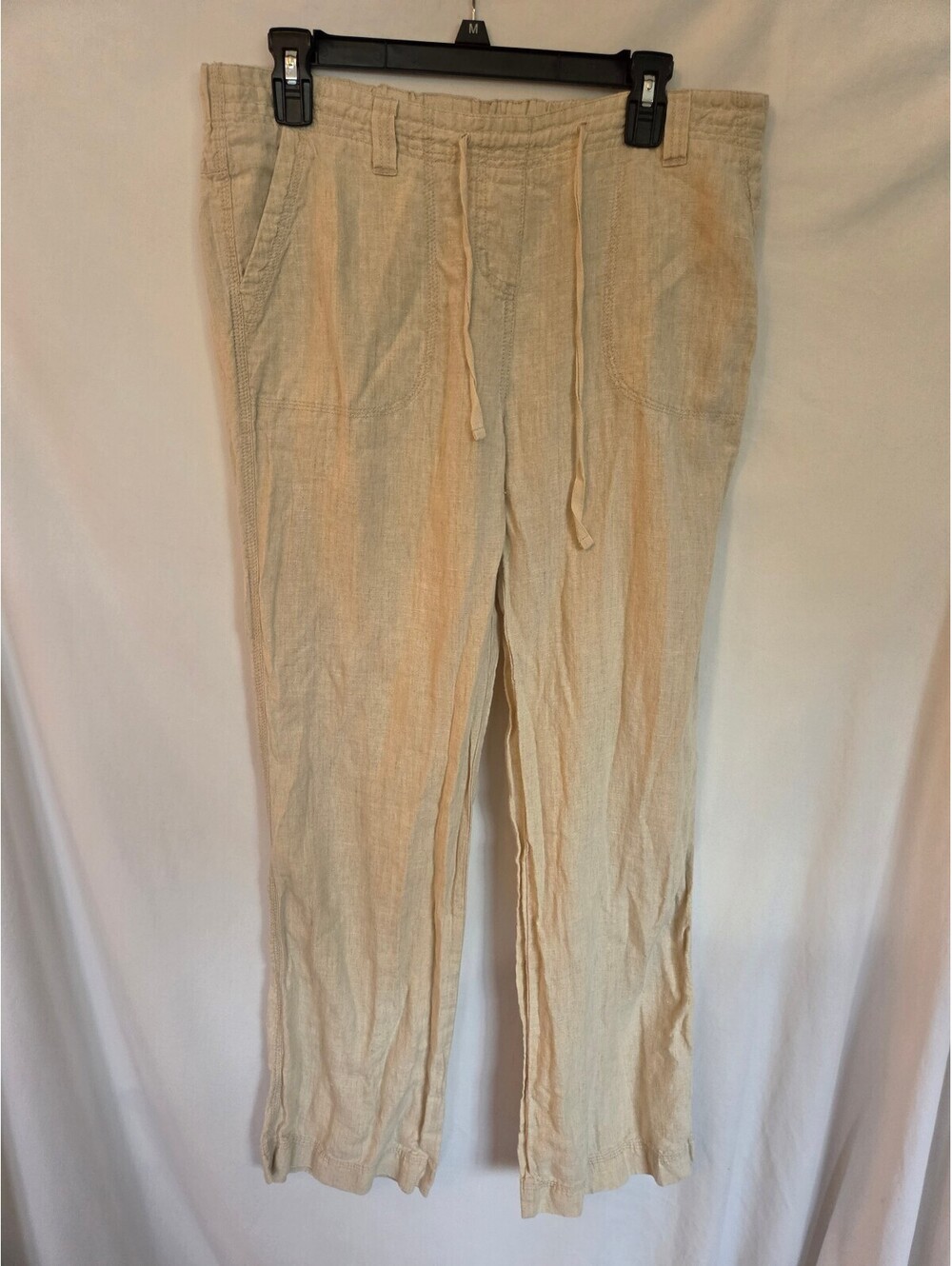 Women's 100% Linen Pants Size M Beige Pull On Drawstring Straight Leg